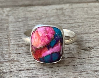Elegant Cushion Cut Multi Colored Dahlia Copper Turquoise Sterling Silver | Boho Ring | Silver Ring | Turquoise Ring | December Birthstone