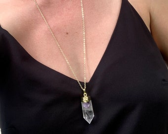 Chunky Clear Quartz Crystal Point with Amethyst Accent and 14 Karat Gold Electroplated Necklace | Witchy Necklace | Boho Necklace | Gold