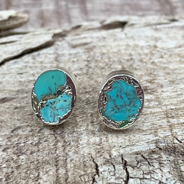 Tibetan Turquoise Gold or Silver Dipped Stud Earrings | Turquoise Earrings | Turquoise Studs | December Birthstone | Raw Gemstone Earrings