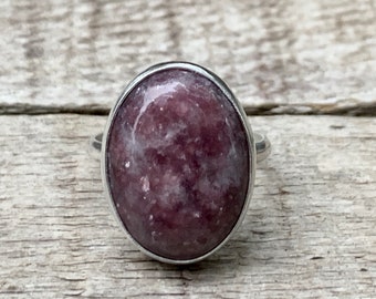 Dark Pink Purple Merlot Colored Oval Lepidolite Lithium Mica Sterling Silver Ring | Cleansing Gemstone | Made to Order | Lepidolite Ring