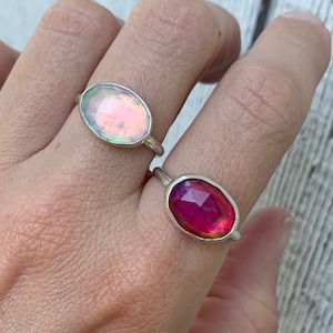 Horizontal Oval Bright Colored Faceted Aurora Opal Doublet Sterling Silver | Neon Stone Ring | Faceted Gemstone Ring | Solitaire Ring | Boho