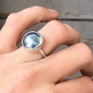 14mm Blue Grey Luminescent Mabe South Sea AAA Pearl Sterling Silver Ring | Pearl Ring | Mabe Pearl Ring | June Birthday | Mermaid Jewelry