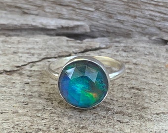 Blue Gray Brightly Colored Faceted Aurora Opal Doublet Sterling Silver Ring | Solitaire Ring | Luminescent Stone Ring | Boho | Faceted Stone