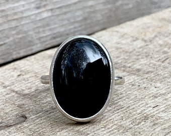 55Carat Natural Black Onyx Ring Sterling Silver Oval Shape Chakra Healing US 4,5,6,7,8,9,10,11,12