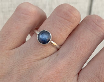 Minimalist Elegant Blue Pearlized Kyanite 8mm Round Solitaire Sterling Silver Ring | Blue Gemstone Ring | Kyanite Ring | Silver Ring