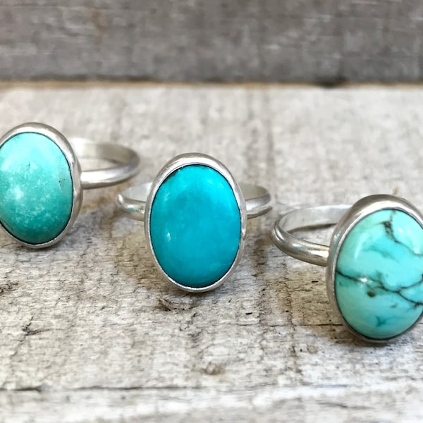 Élégante bague solitaire en argent sterling turquoise veiné ovale | Bohème | Bascule | Bague turquoise | Bague en argent sterling | Choisissez votre pierre