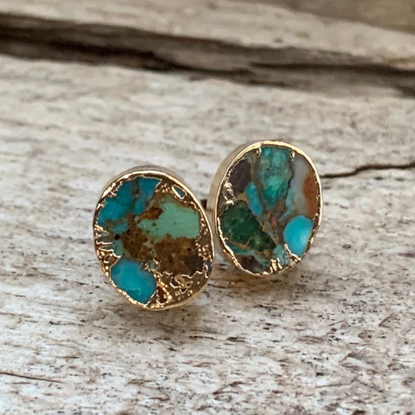 Tibetan Turquoise Gold or Silver Dipped Stud Earrings | Turquoise Earrings | Turquoise Studs | December Birthstone | Raw Gemstone Earrings