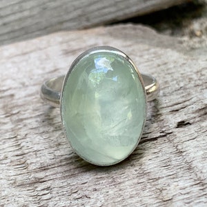 Large Oval Apple Green Prehnite Semi Precious Stone Sterling Silver Ring Vertical Setting | Green Gemstone Ring | Love Stone | Gifts for Her