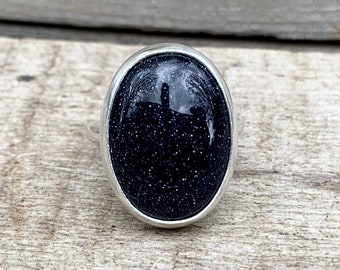 Elegant Dark Blue Sandstone Oval Ring in Sterling Silver | Sparkly Blue Gemstone Ring | Fairy Ring | Boho Jewelry | Gifts for Her