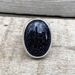 Elegant Dark Blue Sandstone Oval Ring in Sterling Silver | Sparkly Blue Gemstone Ring | Fairy Ring | Boho Jewelry | Gifts for Her