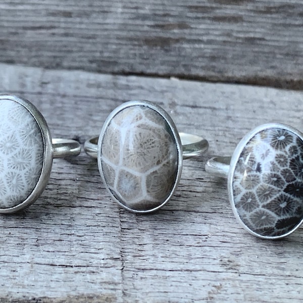 White and Grey Coral Fossil Ring | Sterling Silver Fossil Ring | Starburst Ring | Silver Ring | Petoskey Fossil | Boho | Rocker | Edgy