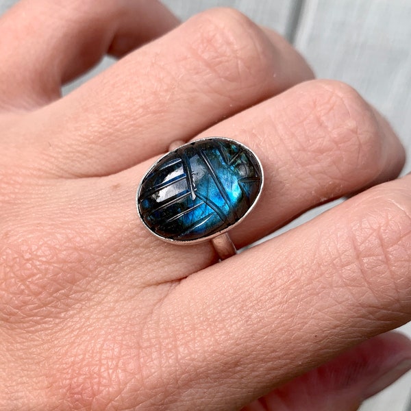 Flashy Labradorite Oval Carved Egyptian Scarab Sterling Silver Ring | Egyptian Ring | Good Luck Ring | Bug Ring | Boho |