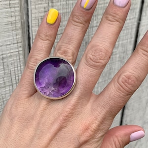 Large Chunky Round Dark Purple Amethyst Statement Boho Rocker Ring in Sterling Silver