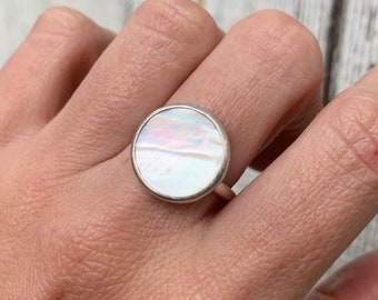 Elegant Minimalist Large 16mm Round White Mother of Pearl Boho Chic Sterling Silver Ring | Pearl Ring | Beachy | Boho |  Mermaid Jewelry