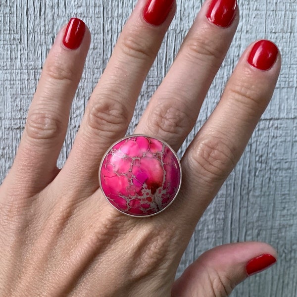 Grande rotondo rosa oceano Jasper Sterling Silver Statement Ring / Boho / Jasper Ring / Beachy / Silver Ring / Sea Jasper Ring / Mermaid Jewelry