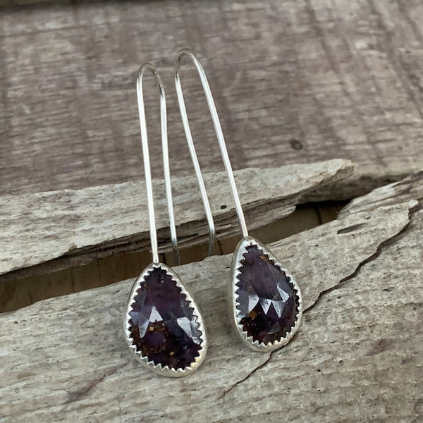 Dark Purple Faceted Geometric Sapphire Sterling Silver Drop Earrings | Sapphire Earrings | Birthstone Earrings | Valentine's Day