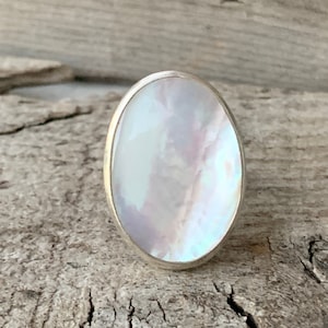 Boho Chic White Oval Mother of Pearl Ring in Sterling Silver Mermaid Jewelry Boho Shell Ring June Birthstone White Stone Ring image 2