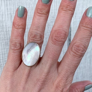 Boho Chic White Oval Mother of Pearl Ring in Sterling Silver Mermaid Jewelry Boho Shell Ring June Birthstone White Stone Ring image 3