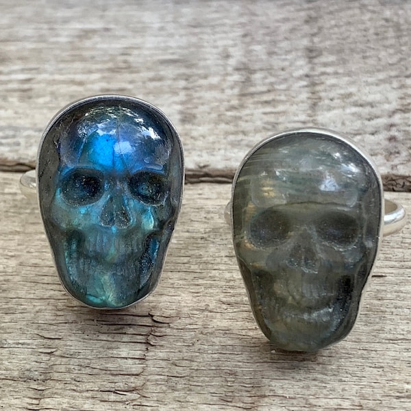 Spooky Labradorite Hand Carved Skull Sterling Silver Statement Ring | Energy Stone | Halloween | Goth | Witchy Jewelry | Skull Ring