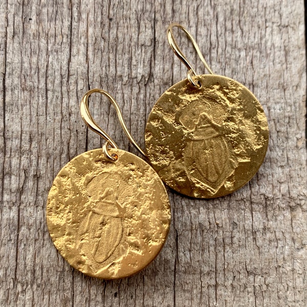 Gold Plated Round Scarab Disc Earrings | Good Luck Jewelry | Egyptian Jewelry | Boho