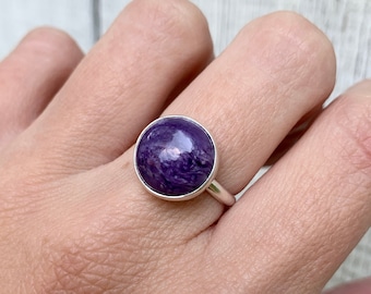 Solitaire Luminescent Purple Charoite Sterling Silver Ring | Purple Gemstone | Charoite Ring | Boho | Elegant Ring | Silver Ring