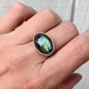 Large Oval Blue Green Flashy Labradorite Sterling Silver Statement Ring | Labradorite Ring | Silver Ring | Made to Order | Gifts for Her