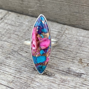 Edgy Marquise Dahlia Copper Turquoise Sterling Silver Ring | One of a Kind Ring | Gifts for Her | Boho Jewelry | December Birthstone