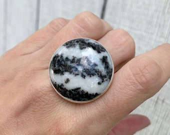 Chunky Large Round Black and White Zebra Jasper Sterling Silver Statement Ring | Black and White Ring | Boho | Rocker | Edgy | Jasper Ring