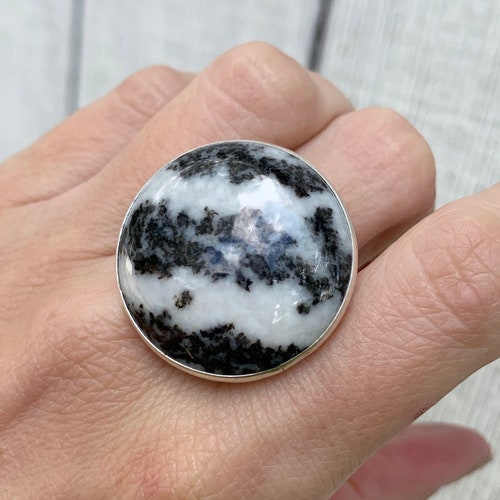 Chunky Large shops Round Black and White Zebra Jasper Sterling Silver Statement Ring | Black and White Ring | Boho | Rocker | Edgy | Jasper Ring