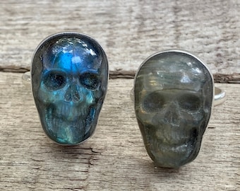Spooky Labradorite Hand Carved Skull Sterling Silver Statement Ring | Energy Stone | Halloween | Goth | Witchy Jewelry | Skull Ring