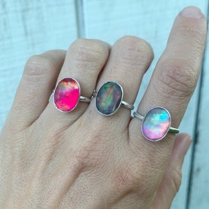 Elegant Oval Bright Colored Faceted Aurora Opal Doublet Sterling Silver | Neon Stone Ring | Faceted Gemstone Ring | Solitaire Ring | Boho