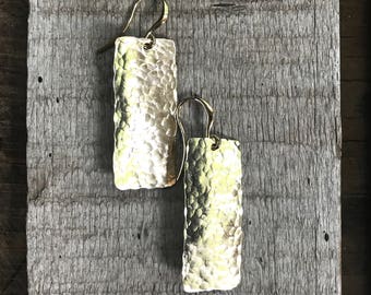 Golden Hammered Brass Rectangle Dangle Drop Statement Earrings | Gold Earrings | Geometric Earrings | Boho | Rocker | Minimalist
