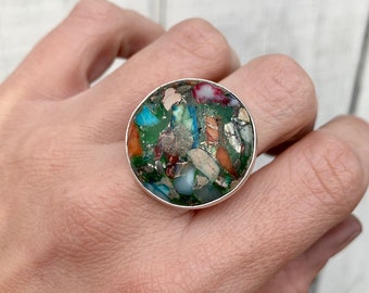 Round Multi Colored Ocean Jasper Sterling Silver Ring| Mermaid Ring | Mermaid Jewelry | Boho | Statement Ring