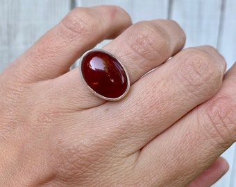 Elegant Blood Red Orange Large Oval Carnelian Sterling Silver Ring | Carnelian Ring | Horizontal Setting | Horoscope Jewelry | Gifts for Her