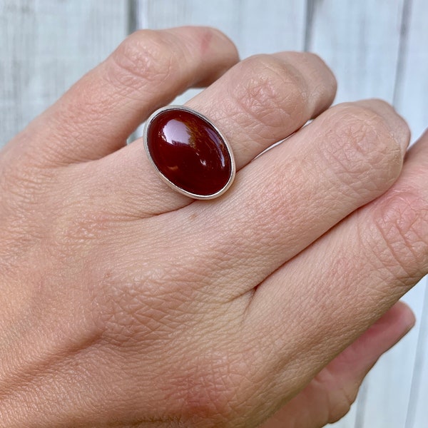 Elegant Blood Red Orange Large Oval Carnelian Sterling Silver Ring | Carnelian Ring | Horizontal Setting | Horoscope Jewelry | Gifts for Her