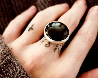 Minimalist Large Round Jet Black Onyx Circle Sterling Silver
