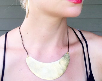 Boho Chic Gypsy Statement Hammered Golden Crescent Brass Bib