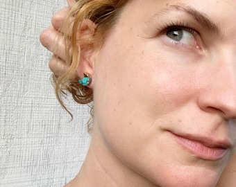 Turquoise Half Moon 14 Karat Gold Electroplated Stud Earrings | Celestial Jewelry | Witchy | Crescent Moon Earrings | Gold Stud Earrings
