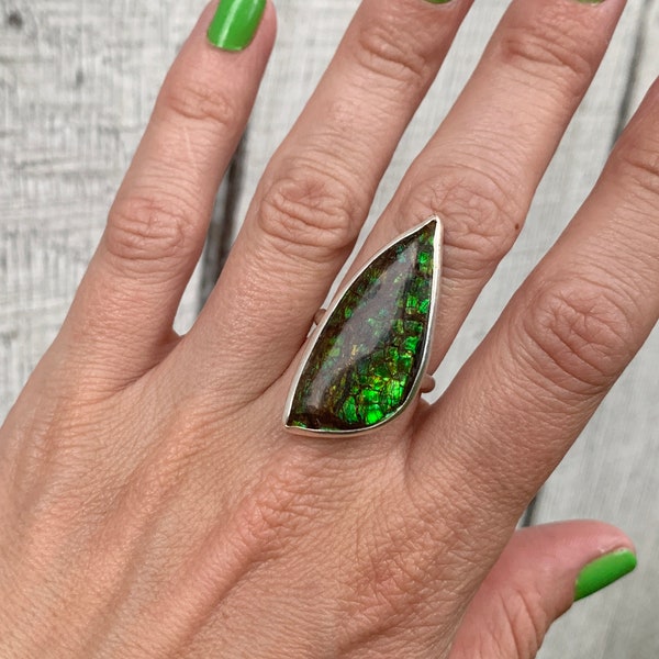 Geometric Free Form Neon Colors Ammolite Sterling Silver Ring | Fossil Stone Ring | Boho | Size 7.75-8.25 | Rare Stone Ring | Neon Gemstone