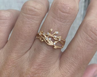 Gold Plated Leaf Motif Ring with Cubic Zirconia Diamond Accents | Nature Ring | Crystal Ring | Matte Gold Ring