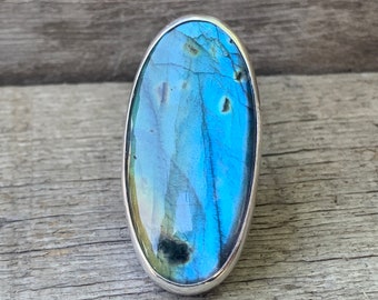Large Oval Flashy Blue Labradorite Sterling Silver Ring Size 5.5 | Protection Stone | Boho | Large Oval Blue Stone Ring | Gifts for Her