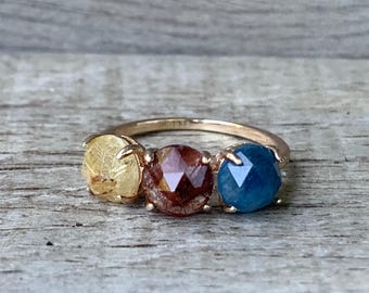 14 Karat Gold Plated Rutilated Quartz Ring Size 5 | Multi Stone Ring | Quartz Ring | Gold Ring | Stacking Ring