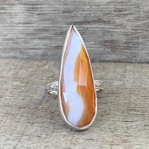 Large Teardrop or Pear Shaped Orange White Faceted Agate Sterling Silver Ring | Rose Cut Agate | Size 7-7.5 | Orange Stone Statement Ring