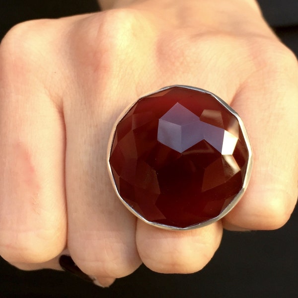 Boho Rocker Chic Large Round Faceted Red Carnelian Elegant Sterling Silver Statement Ring | Faceted Carnelian Ring | July Birthstone Ring