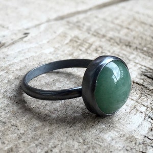 Elegant Round Emerald Green Aventurine Solitaire Ring in Dark Patina or Oxidized Sterling Silver Gunmetal Aventurine Ring Boho image 3