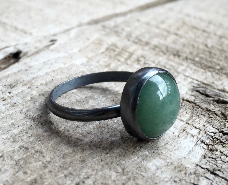 Elegant Round Emerald Green Aventurine Solitaire Ring in Dark Patina or Oxidized Sterling Silver Gunmetal Aventurine Ring Boho image 3