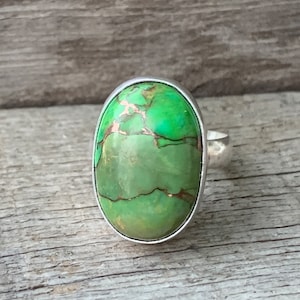 Large Oval Green Copper Infused Tibetan Turquoise Sterling Silver Ring Size