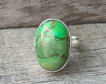 Large Oval Green Copper Infused Tibetan Turquoise Sterling Silver Ring Size