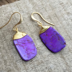 Gold Wire Wrapped Purple Turquoise Dangle Drop Boho Chic Earrings | Turquoise Earrings | Boho | Gold Earrings | Gifts for Her | Dangle