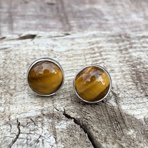 Golden Brown Tiger Eye Stud Sterling Silver Earrings | Gifts for Her | Striped Tiger Eye Earrings | Gemstone Studs | Gemstone Earrings